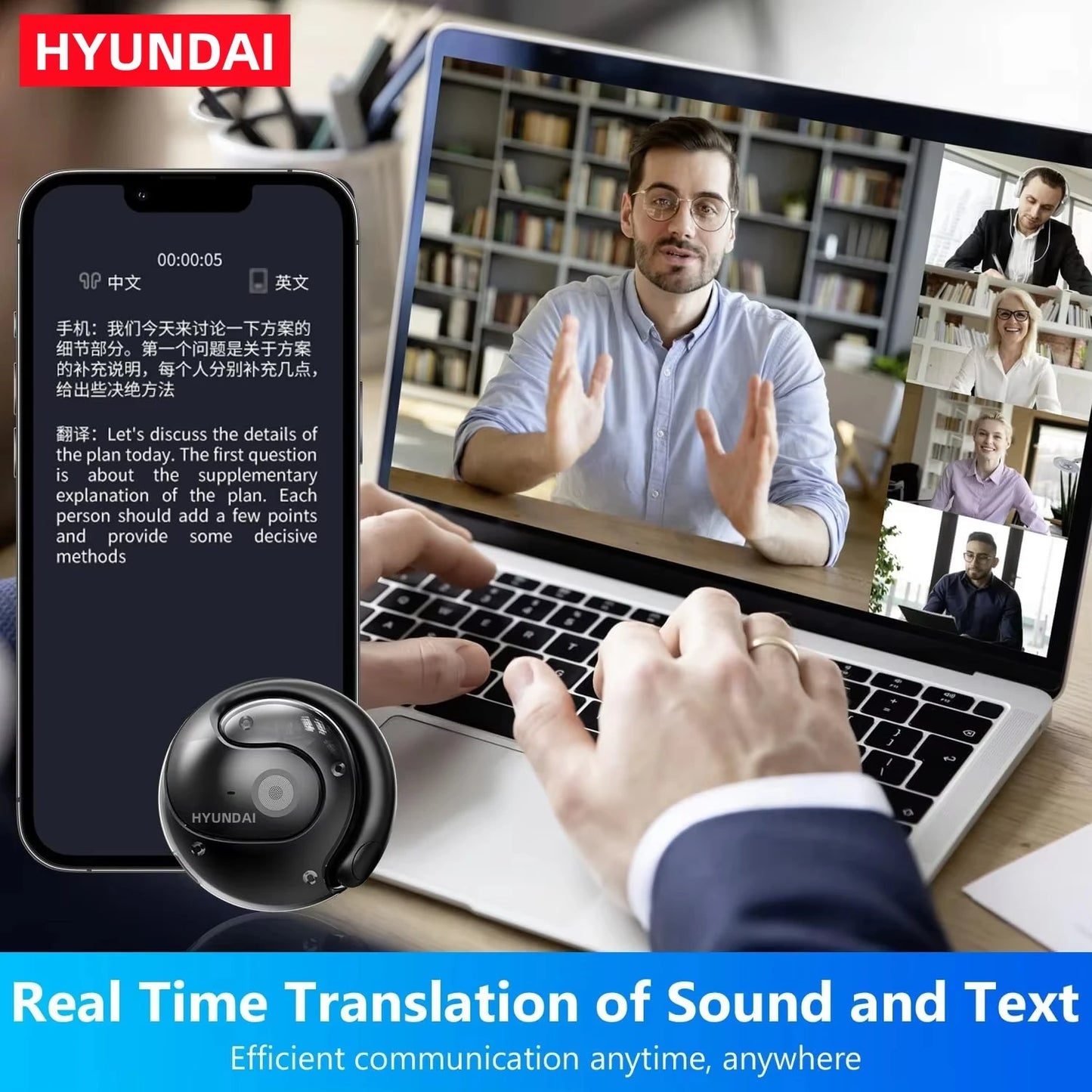 HYUNDAI PRO AI Real Time Translator Earbuds 98% Accuracy Wireless BT Translation Earphones for Travel Business Learning