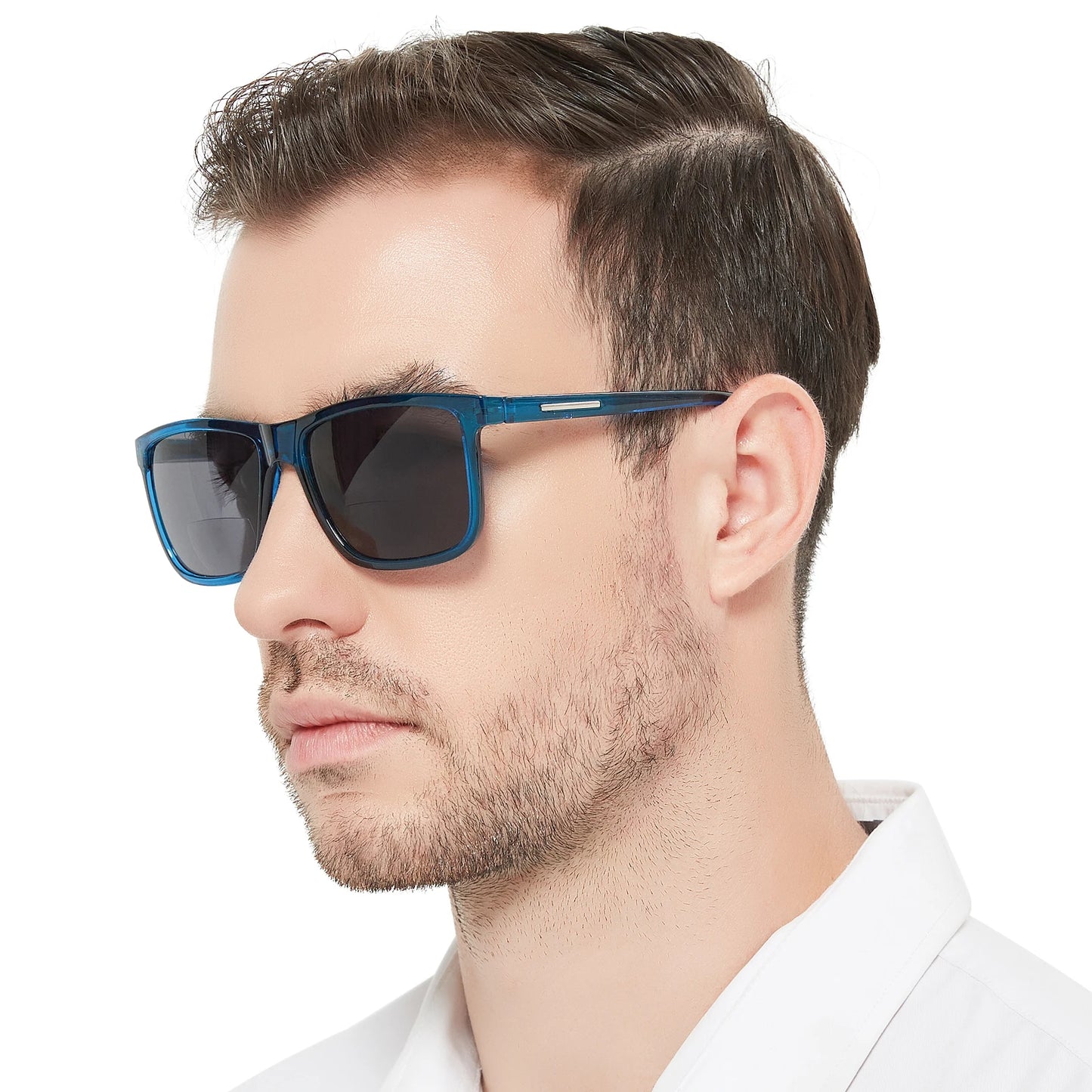 Man wearing blue sunglasses with a white background