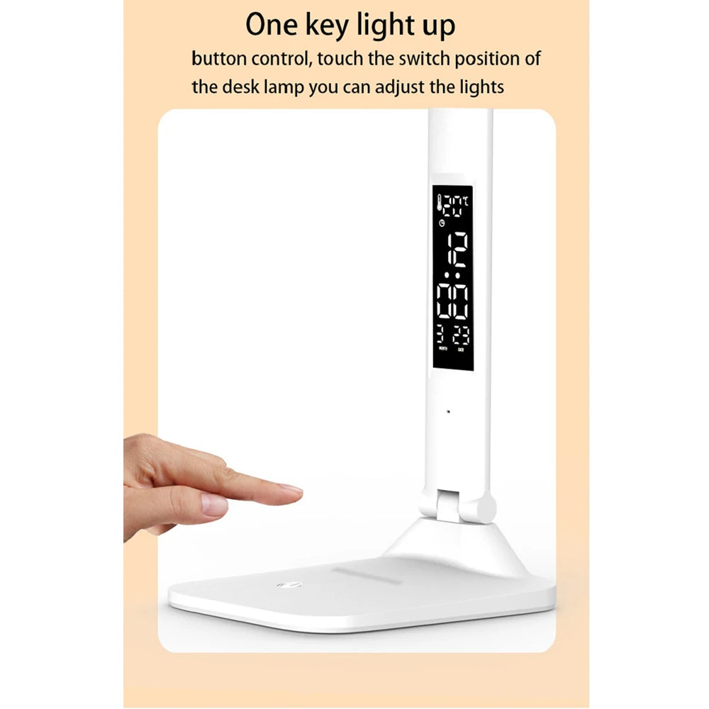 White desk lamp with digital display and touch control on a beige background