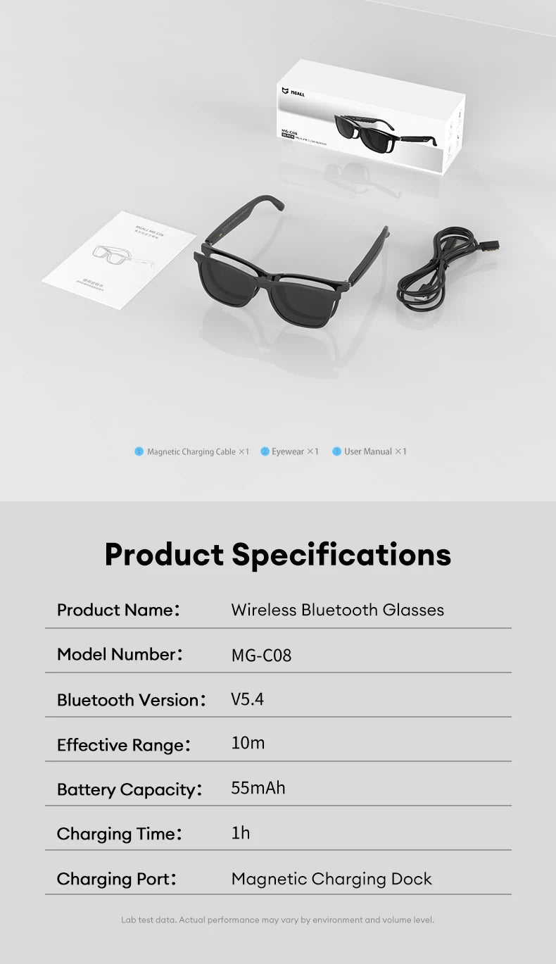 MGALL MG-C08 Smart Glasses AI Voice Assistant Bluetooth Sport Headphones Sunglasses Call Music Headphones Conference Record