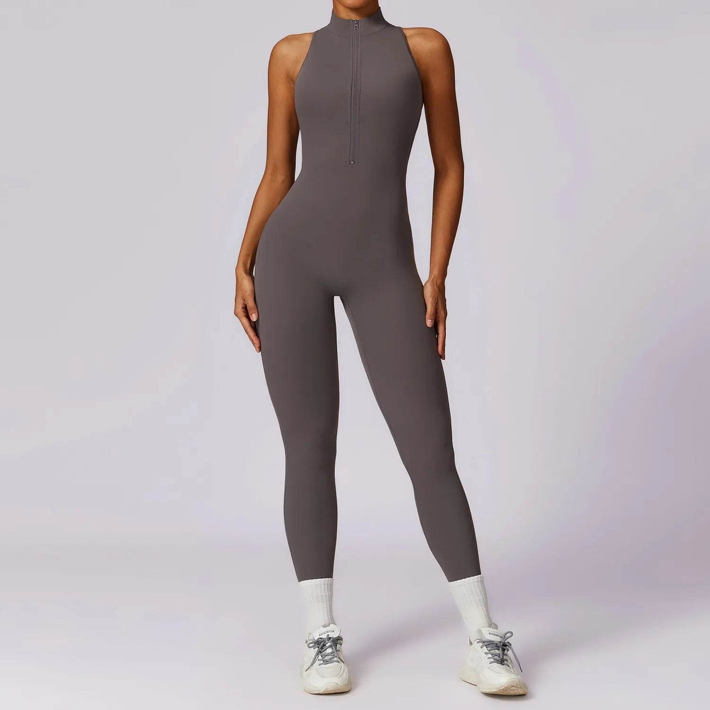V Back One-piece Suit Women Sports Jumpsuit Zippers Yoga Rompers Backless Sportswear Women Sleeveles Workout Bodysuits Female - Zara-Craft