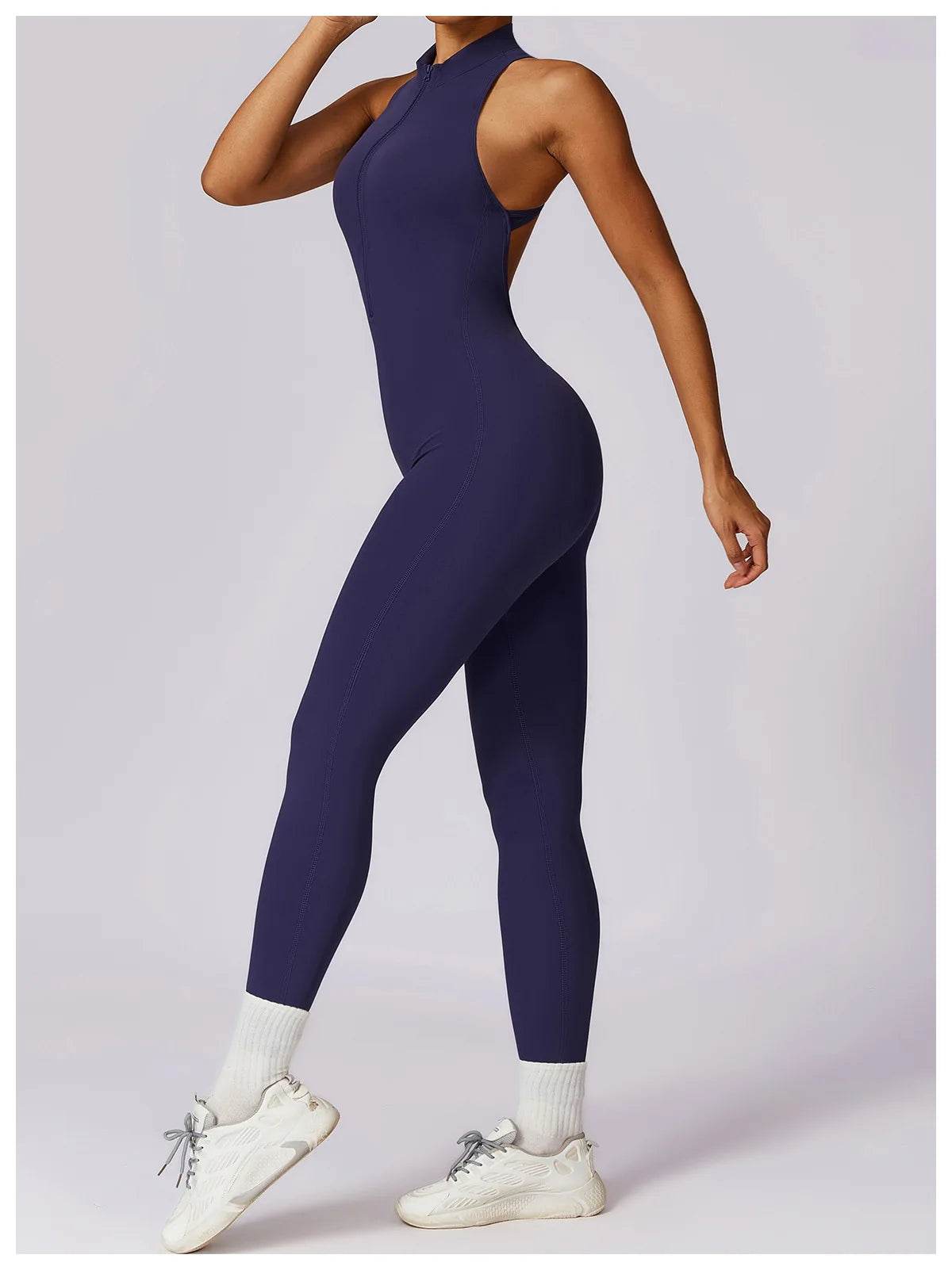 V Back One-piece Suit Women Sports Jumpsuit Zippers Yoga Rompers Backless Sportswear Women Sleeveles Workout Bodysuits Female - Zara-Craft