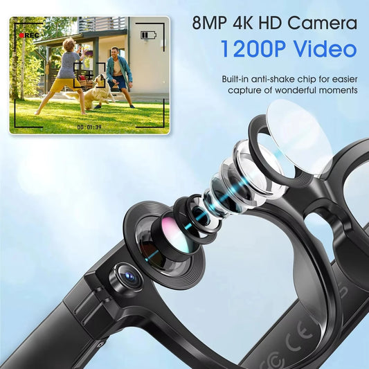 Camera lens with 8MP 4K HD camera and 1200P video capabilities, AI Smart Glass