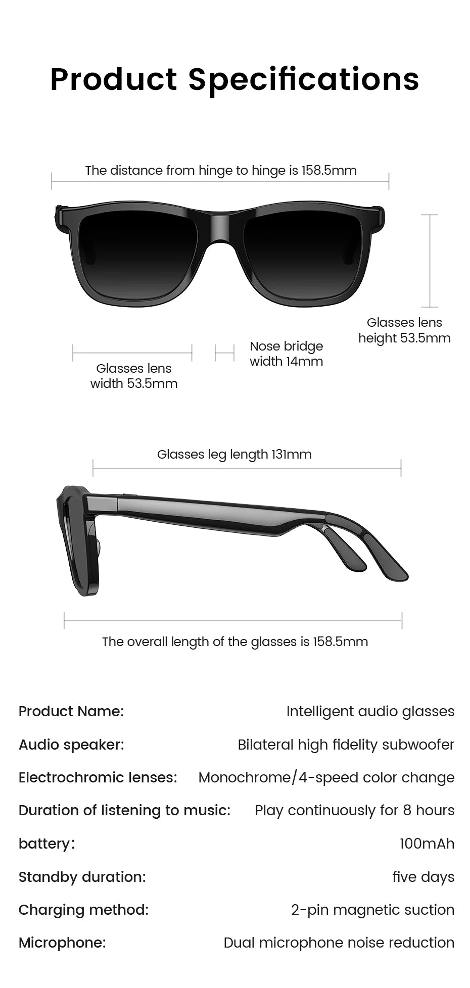New Touch Color Change Smart Glasses AI Translation Voice Wake-Up Dual Mic Noise Reduction Bluetooth Music IP65 Waterproof