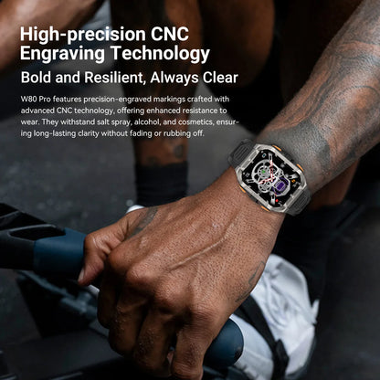Person wearing a watch with high-precision CNC engraving technology, text overlay about the feature.