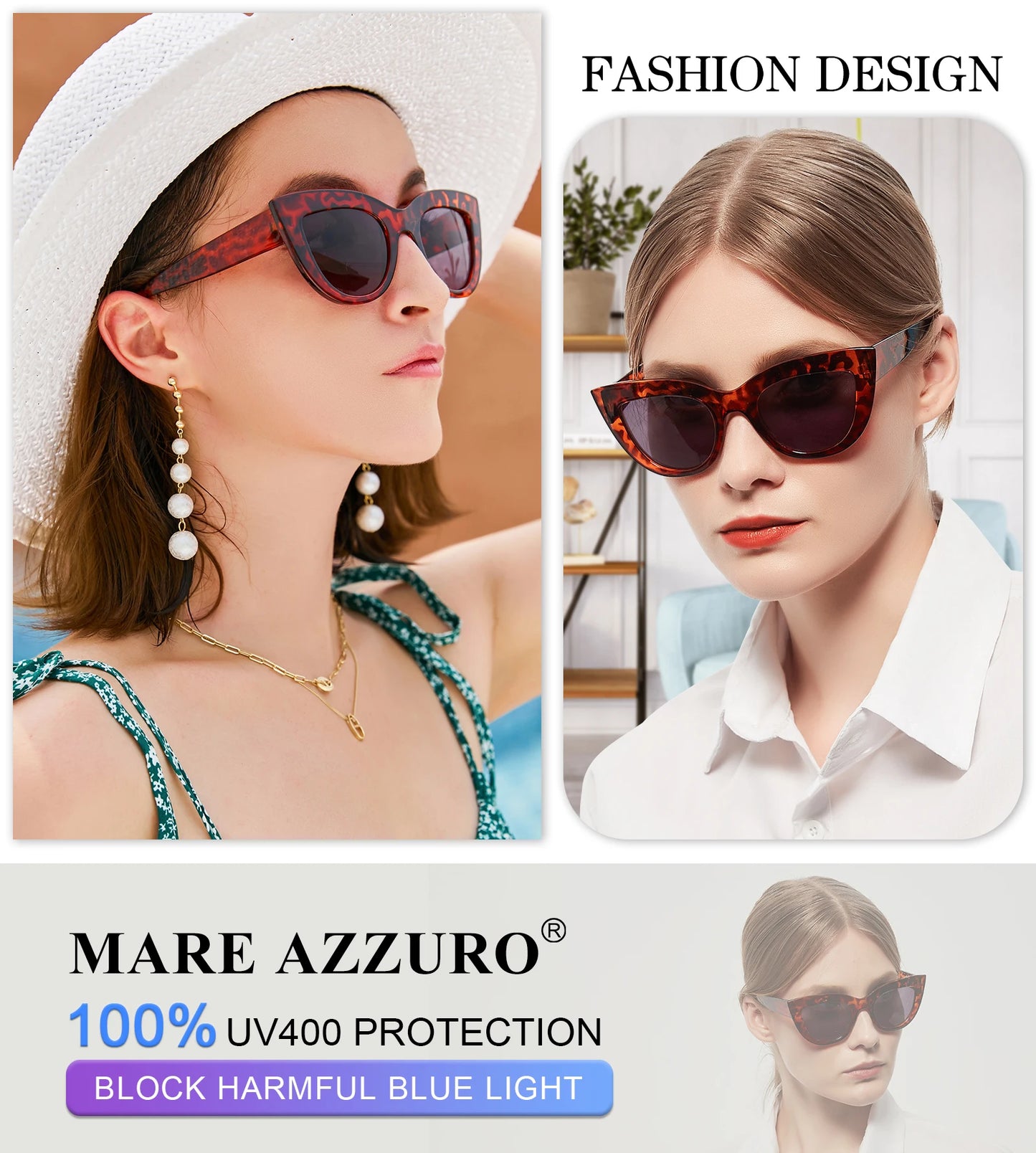 Sunglasses with UV400 protection and blue light blocking feature, featuring a woman wearing them.