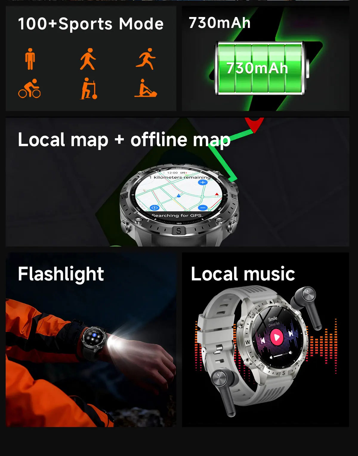 GUHUAVMI GPS Outdoor Smart Watch 1.43 AMOLED Fitness Tracker with Offline Maps Local Music Compass Altimeter Barometer Heart Rate 3ATM BT