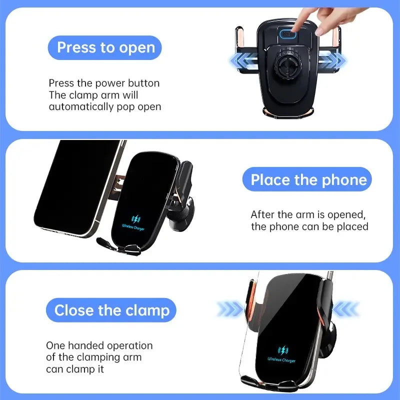 UYUXIO Manual Clamp Wireless Car Charger 15 Fast Charging Air Vent Car Mount Phone Holder for iPhone & Android