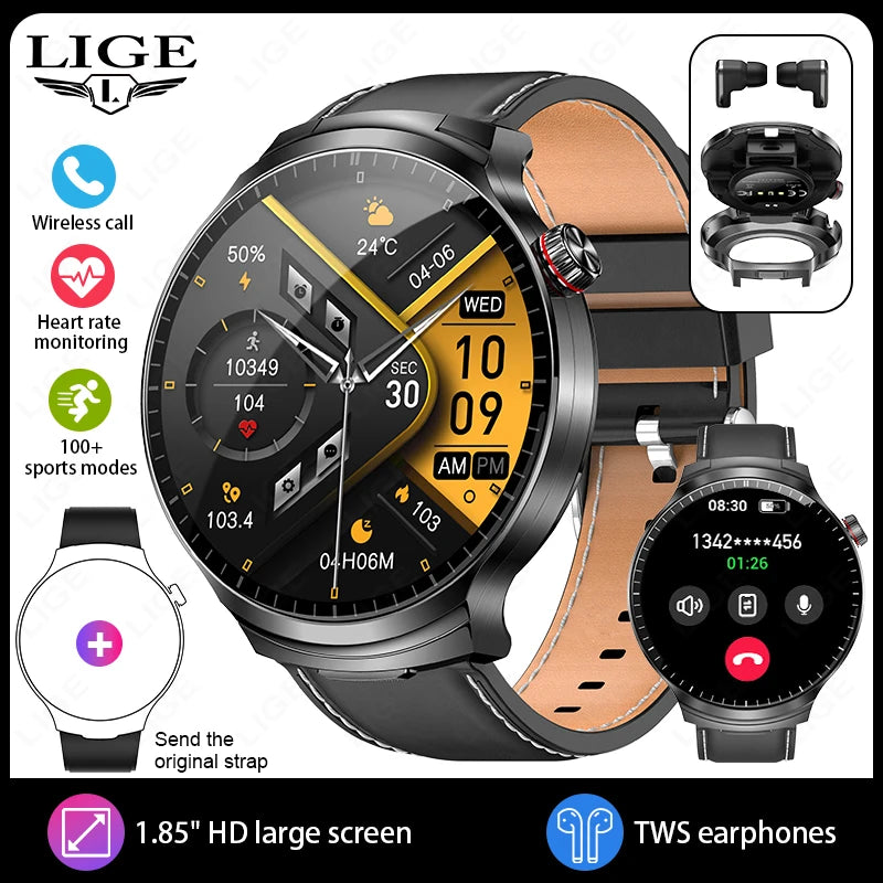 LIGE New TWS 2-In-1 Headset Smart Watch 1.85" Bluetooth Call Men Earphone Smartwatch Heart Rate Health Monitor Music