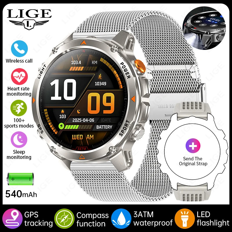 LIGE New Professional GPS Track Sports Smartwatch Outdoor RIDE Run Compass Altimeter 3ATM Fitness Bracelets 540mAh Watches