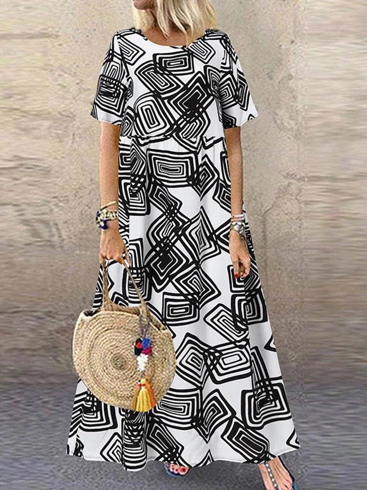 ZANZEA Summer Maxi Dress Women's Vintage Printed Sundress Casual Loose Short Sleeve Vestidos Vacation High Waist Robe - Zara-Craft
