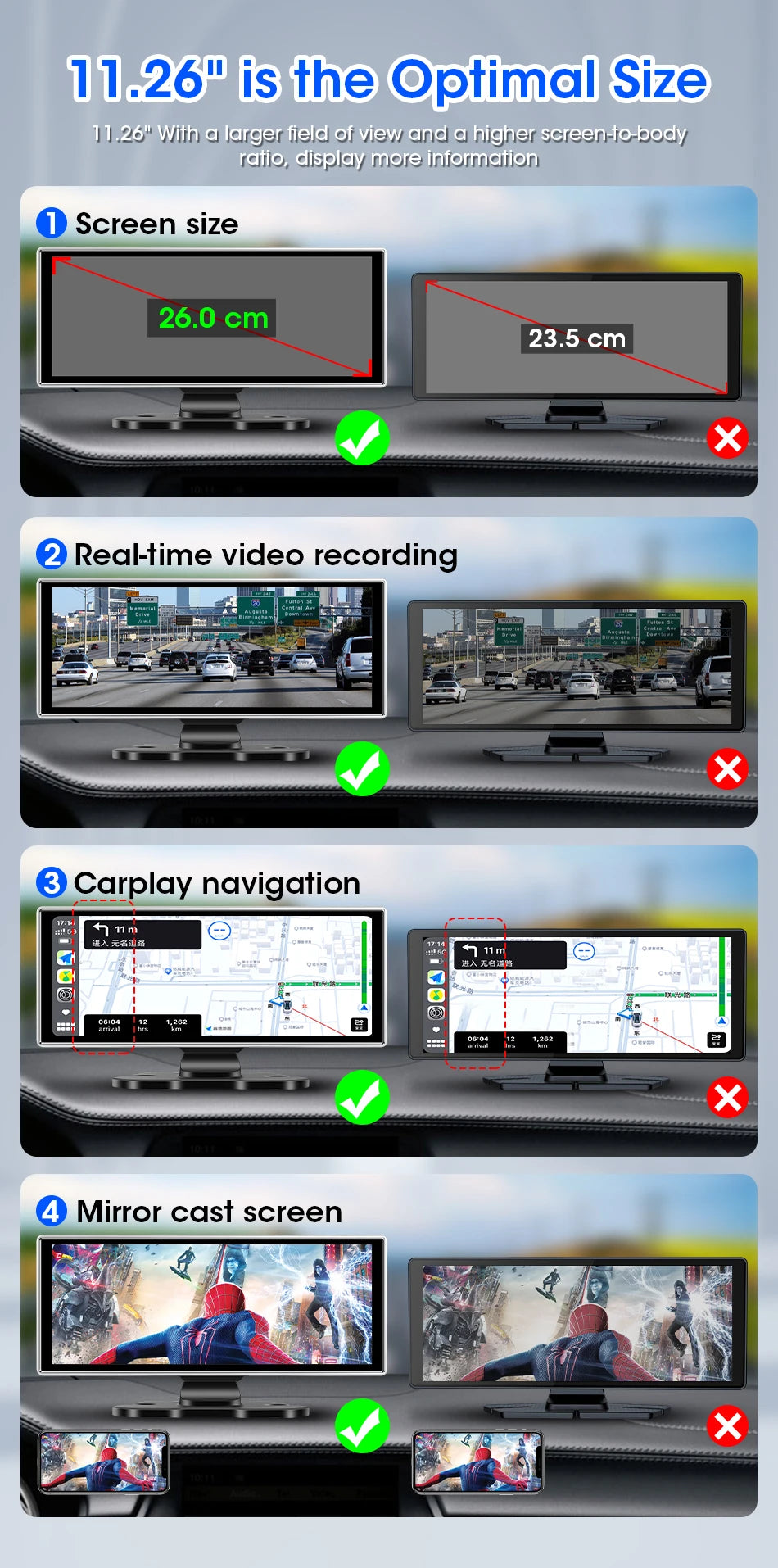 Dash Cam 4K Car DVR Wireless Carplay & Android Auto GPS Navigation Video Recorder 