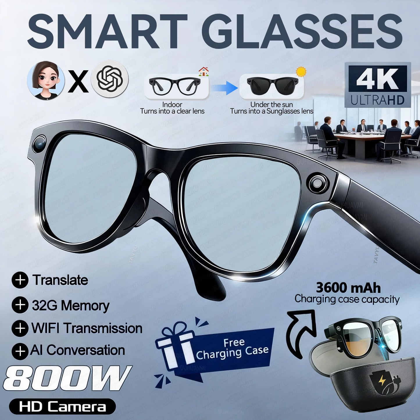 GUHUAVMI AI Smart Glasses 1080P Camera Video Recorder Open Ear Bluetooth Audio Voice Control Wi-Fi Sync Sports