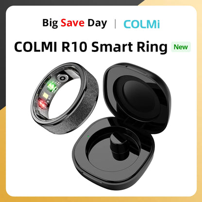 COLMI R10 Smart Ring with a charging case. The ring has a black band with a green heart rate monitor indicator, and the charging case is black as well.