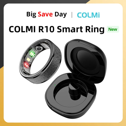 COLMI R10 Smart Ring with a charging case. The ring has a black band with a green heart rate monitor indicator, and the charging case is black as well.