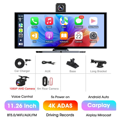 11.26″ 4K ADAS Dash Cam Display Wireless Android Auto CarPlay Screen DVR Dual Recording Night Vision Car Intelligent Systems FM