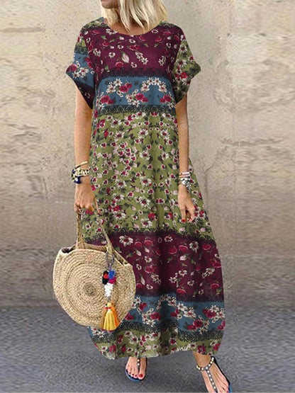 ZANZEA Summer Maxi Dress Women's Vintage Printed Sundress Casual Loose Short Sleeve Vestidos Vacation High Waist Robe Femme - Zara-Craft