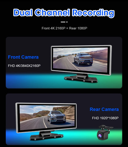 11.26 inch Dash Cam 4K Car DVR Wireless CarPlay & Android Auto GPS Navigation Video Recorder Dashboard Dual Lens WIFI FM AUX