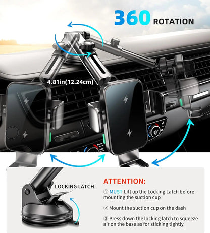15W Car Phone Holder Wireless Car Charger Dual Coil Dash Vent Windshield Auto Clamping Charging Phone Holder