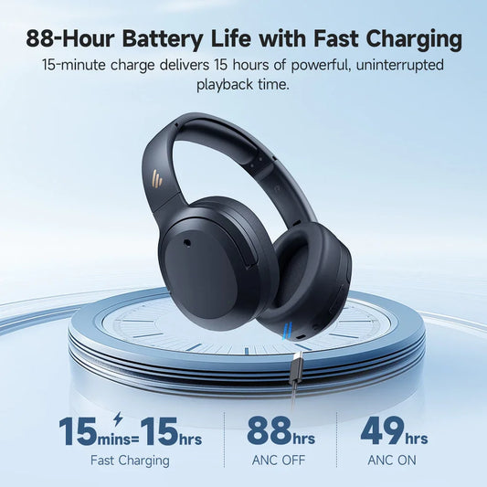 Black headphones with battery life and charging information on a blue background