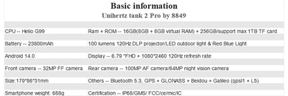 Unihertz Tank 2 PRO Rugged Phones with Projector 2.4K 23800 mAh 24GB+512GB Android 14 100MP NFC 120W G99 Octa Core Dual SIM