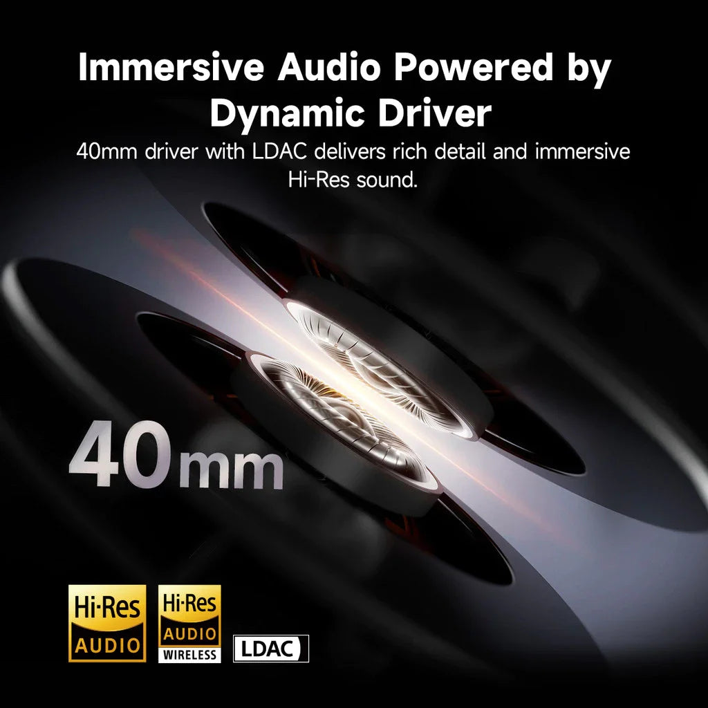 Close-up of a 40mm audio driver with text about immersive audio and dynamic driver technology.