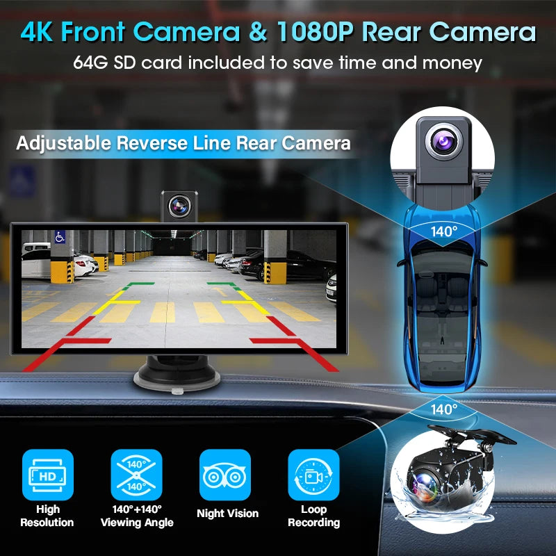 11.26″ 4K ADAS Dash Cam Display Wireless Android Auto CarPlay Screen DVR Dual Recording Night Vision Car Intelligent Systems FM