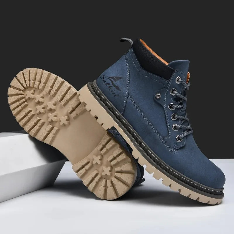 Handmade Men's Ankle Boots Genuine Leather Winter Leather Shoes Outdoor High Top Hiking Boots Sneakers