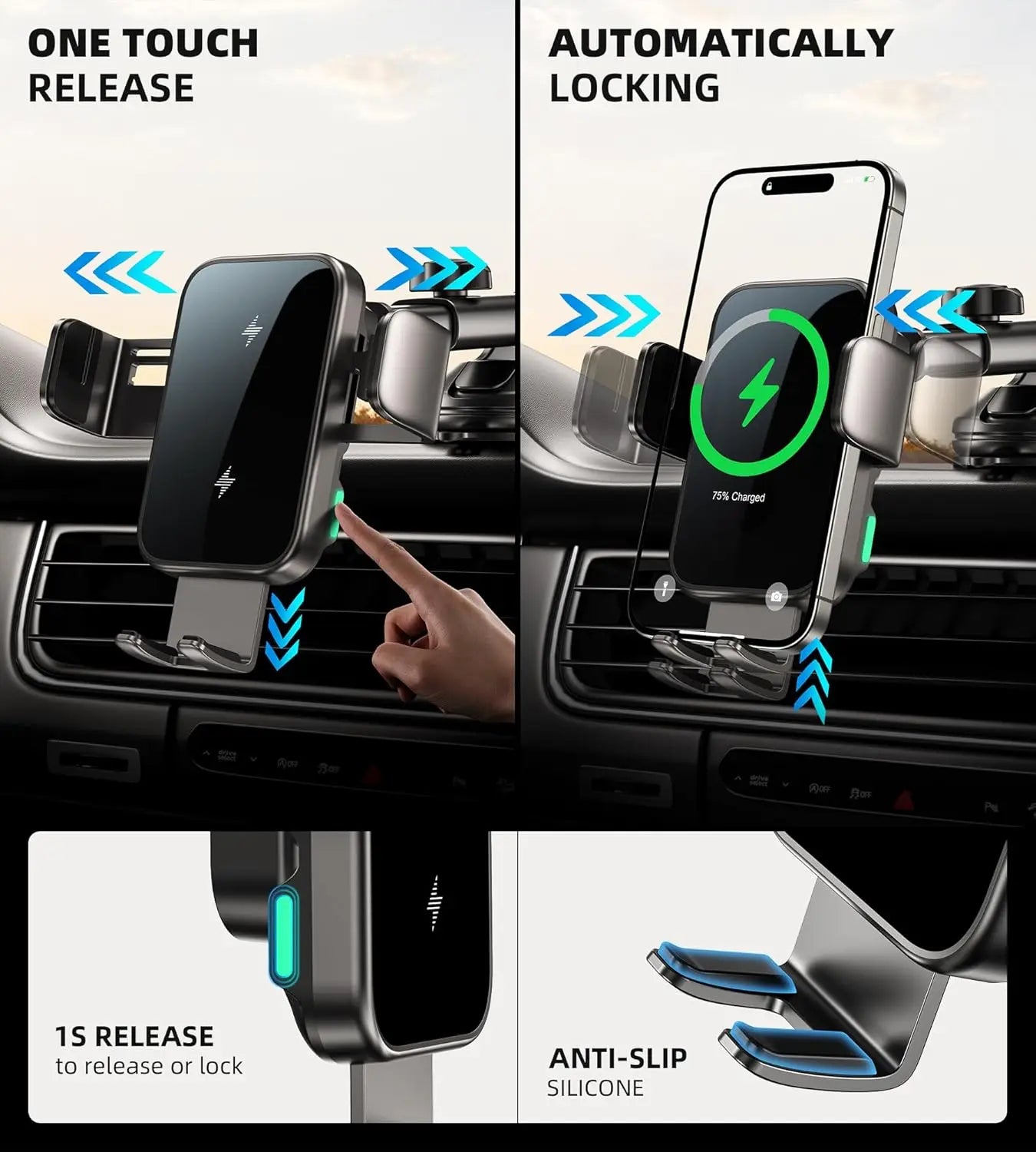 15W Car Phone Holder Wireless Car Charger Dual Coil Dash Vent Windshield Auto Clamping Charging Phone Holder