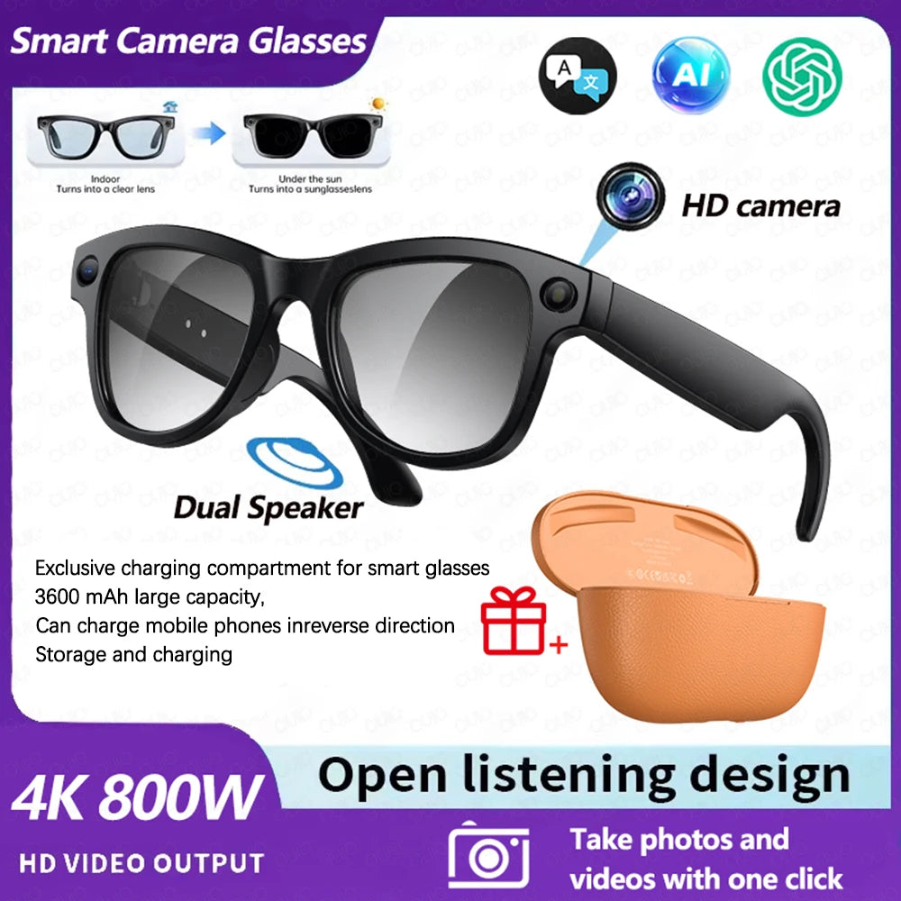 OUIO New Smart Glasses with Camera Video Recording AI Photo Recognition Bluetooth Call Voice Translation Unisex Sunglasses