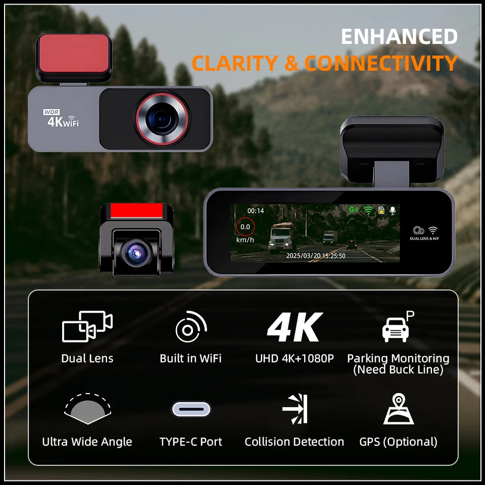 E-ACE Portable Ultra HD 4K Car Front Dash Cam WIFI DVR Optional 1080P Rear camera With 24H Parking Monitor Night Vision