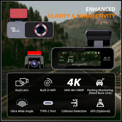E-ACE Portable Ultra HD 4K Car Front Dash Cam WIFI DVR Optional 1080P Rear camera With 24H Parking Monitor Night Vision