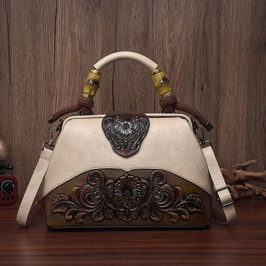 Ethnic Style Embossed Cowhide Boston Women Bag Fashion Handbag
