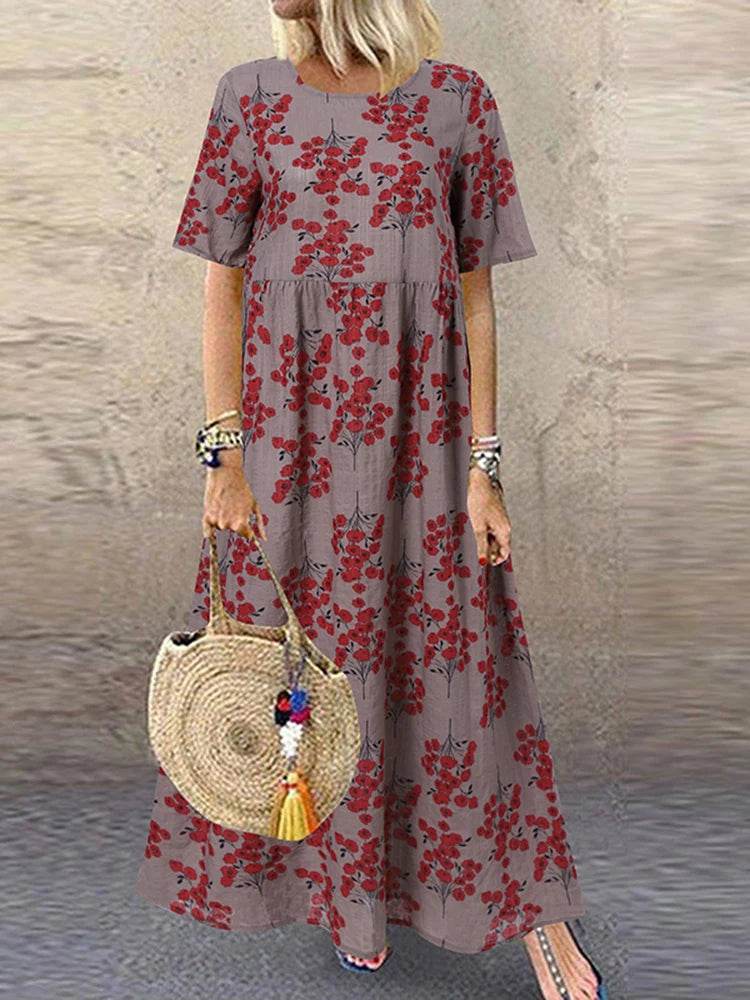 ZANZEA Summer Maxi Dress Women's Vintage Printed Sundress Casual Loose Short Sleeve Vestidos Vacation High Waist Robe Femme - Zara-Craft