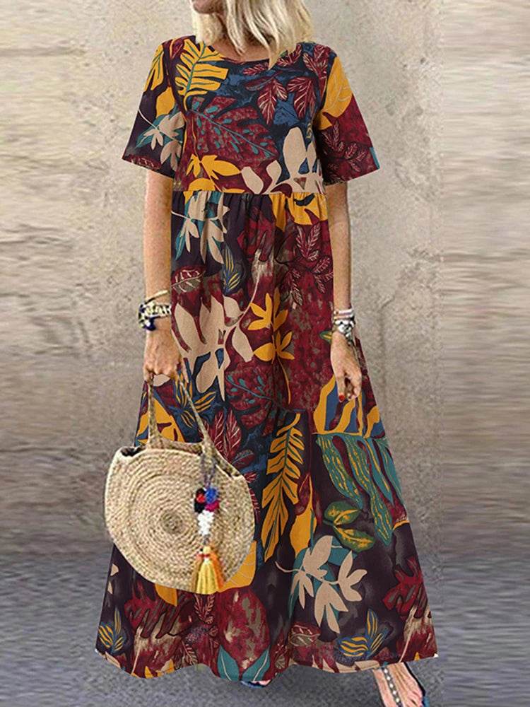 ZANZEA Summer Maxi Dress Women's Vintage Printed Sundress Casual Loose Short Sleeve Vestidos Vacation High Waist Robe - Zara-Craft