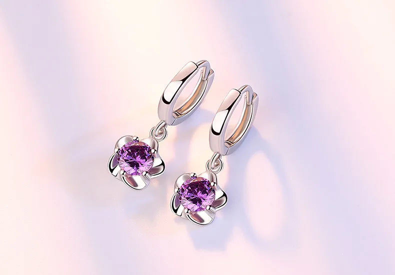 925 Sterling Silver Earrings Jewelry High Quality Retro Simple Pattern Purple White Zircon Earrings