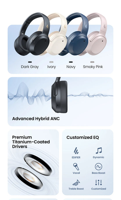 Edifier ANC Wireless Headphone Bluetooth 6.1 Over-ear Headset -49dB Noise Cancelling Earphone Hi-Res Audio