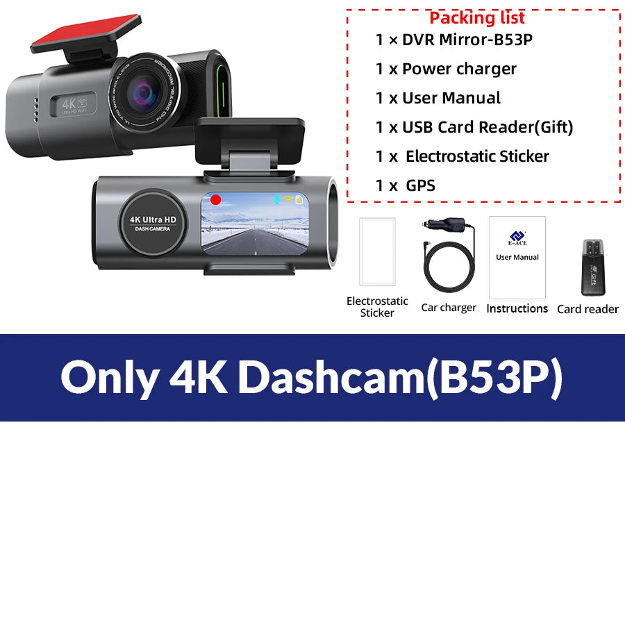 E-ACE Dash Cam 4K GPS WIFI APP 24H Night Vision Mini Optional Rear Lens Dashcam Car DVR For Car