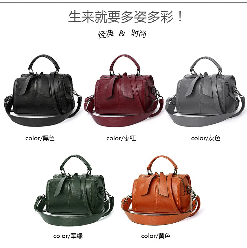 Five leather handbags in different colors on a white background with text.
