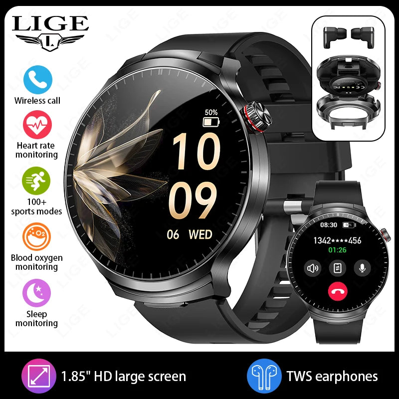 LIGE New TWS 2-In-1 Headset Smart Watch 1.85" Bluetooth Call Men Earphone Smartwatch Heart Rate Health Monitor Music
