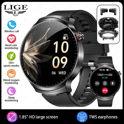 LIGE New TWS 2-In-1 Headset Smart Watch 1.85" Bluetooth Call Men Earphone Smartwatch Heart Rate Health Monitor Music