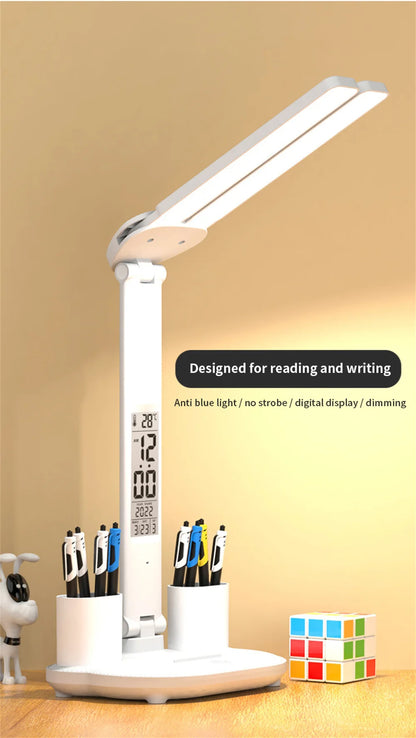 LED Desk Lamp USB Dimmable Touch Foldable Table Lamp with Calendar Temperature Clock Night Light for Study Reading Lamp