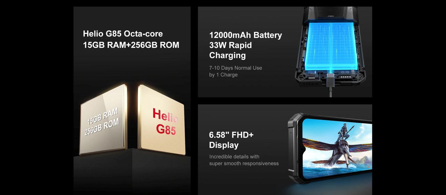 FOSSIBOT F106 PRO MTK G85 4G Android 14 15GB(8+7GB Extended) 256GB ROM Rugged Smartphone 12000mAh Battery 48MP Camera