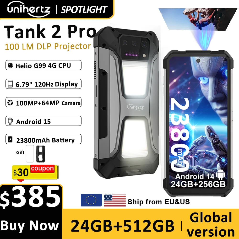 Unihertz Tank 2 PRO Rugged Phones with Projector 2.4K 23800 mAh 24GB+512GB Android 14 100MP NFC 120W G99 Octa Core Dual SIM