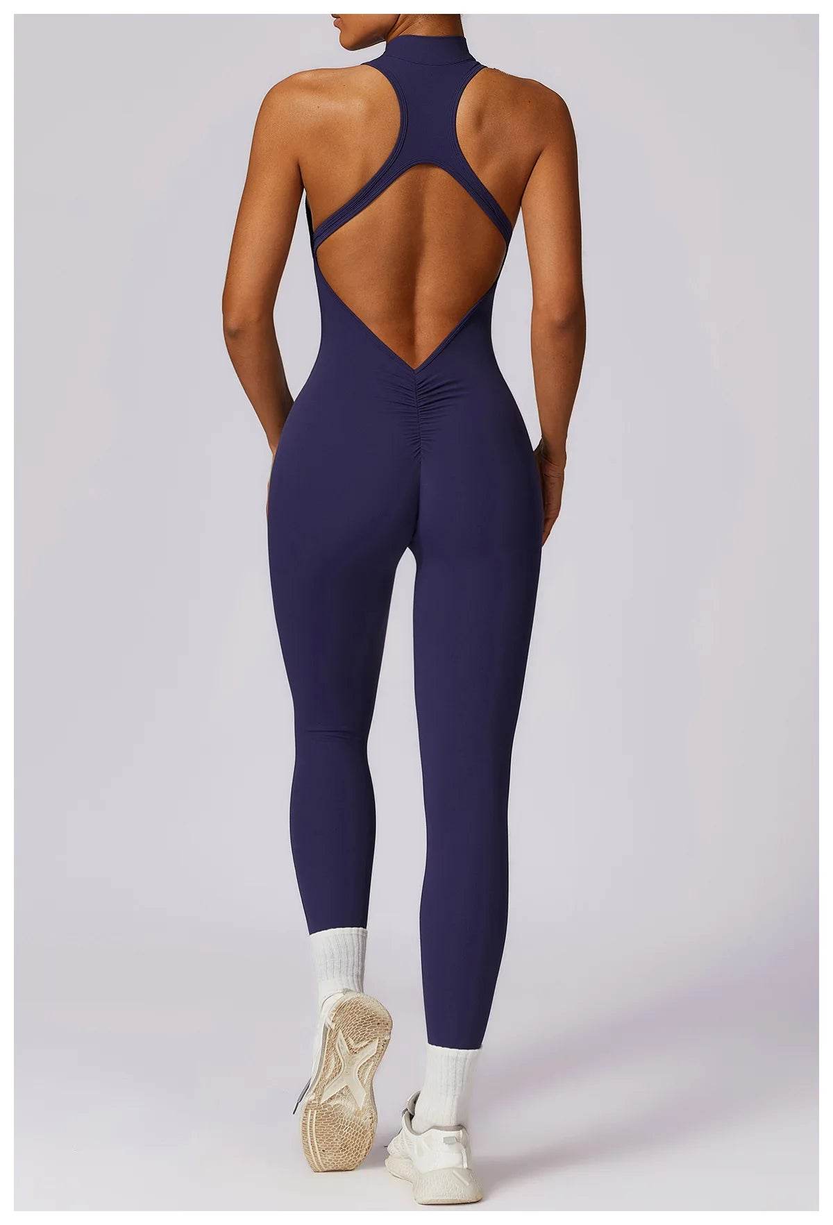 V Back One-piece Suit Women Sports Jumpsuit Zippers Yoga Rompers Backless Sportswear Women Sleeveles Workout Bodysuits Female - Zara-Craft