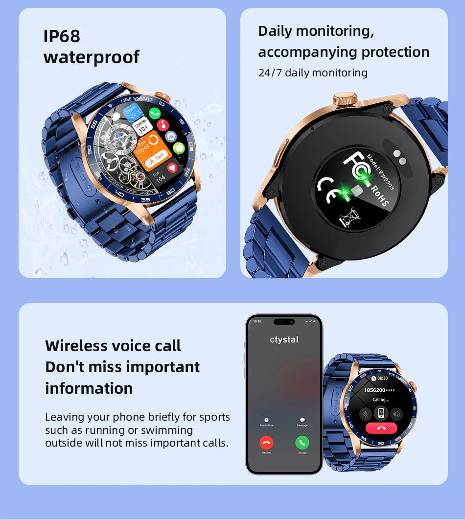 LIGE Smartwatch Men For Android iOS Phone 1.38" HD Bluetooth Call Heart Rate Monitor Waterproof Sport Smart Watch