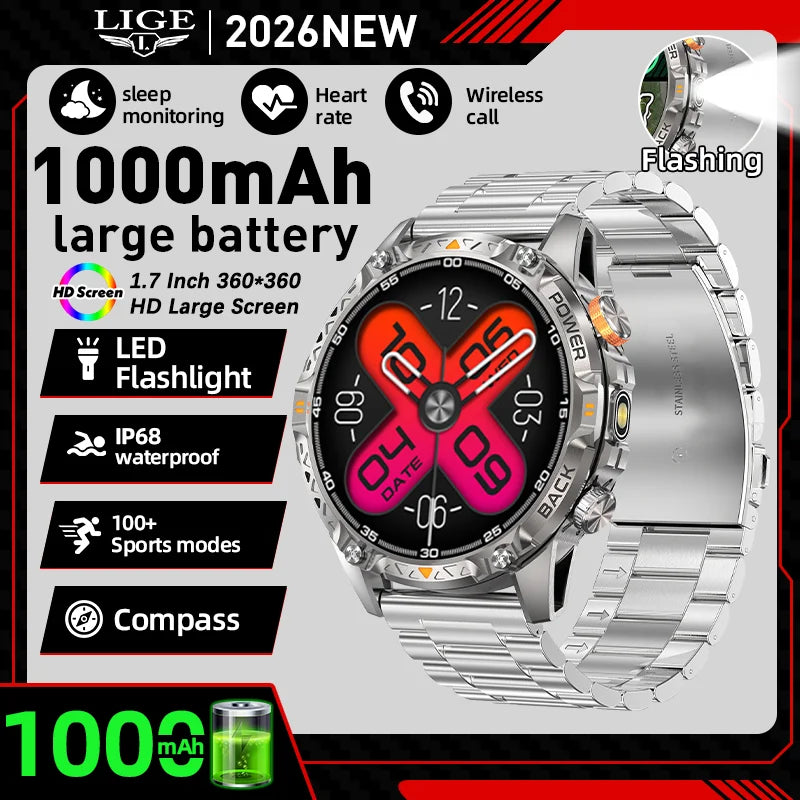 LIGE New Military T-Rex 3 Ultra Smart Watch 1000mAh Battery IP68 Waterproof Compass Flashlight Sports Tracker Smartwatch
