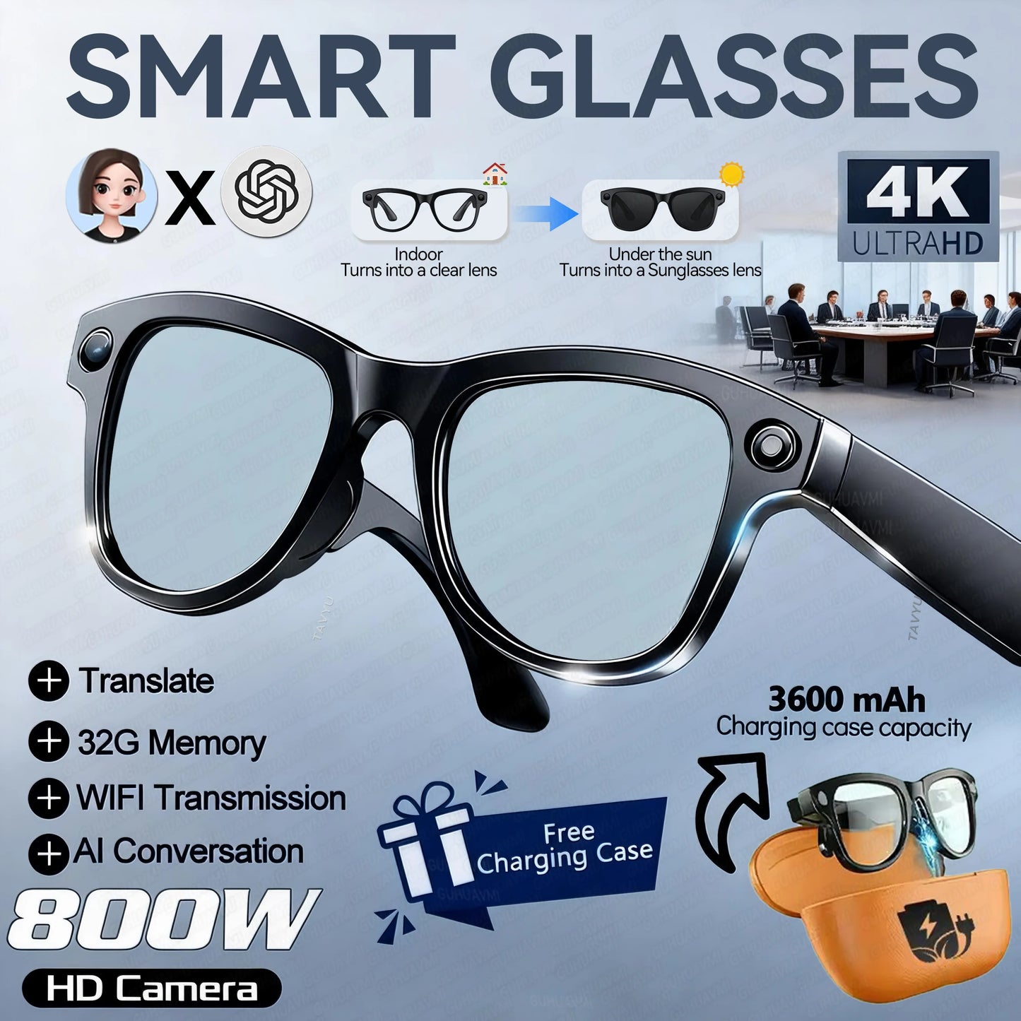 GUHUAVMI AI Smart Glasses 1080P Camera Video Recorder Open Ear Bluetooth Audio Voice Control Wi-Fi Sync Sports