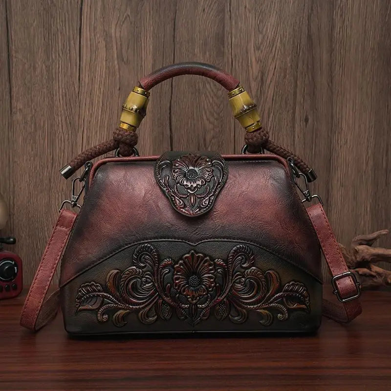  Ethnic Style Embossed Cowhide Boston Women Bag Fashion Handbag