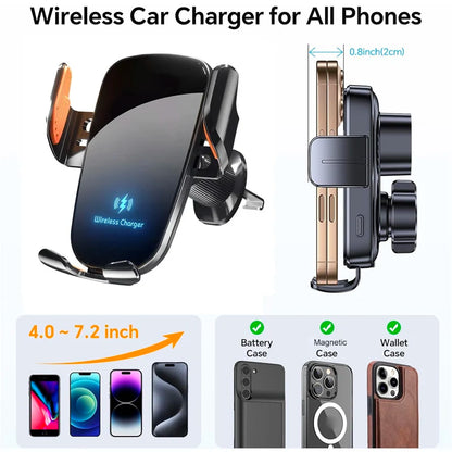 UYUXIO Manual Clamp Wireless Car Charger 15 Fast Charging Air Vent Car Mount Phone Holder for iPhone & Android